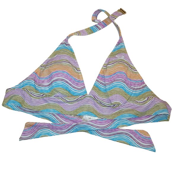 Roxy Women's Medium Rainbow Stripe Halter Bikini Top Triangle Cups Back Logo - Picture 1 of 10